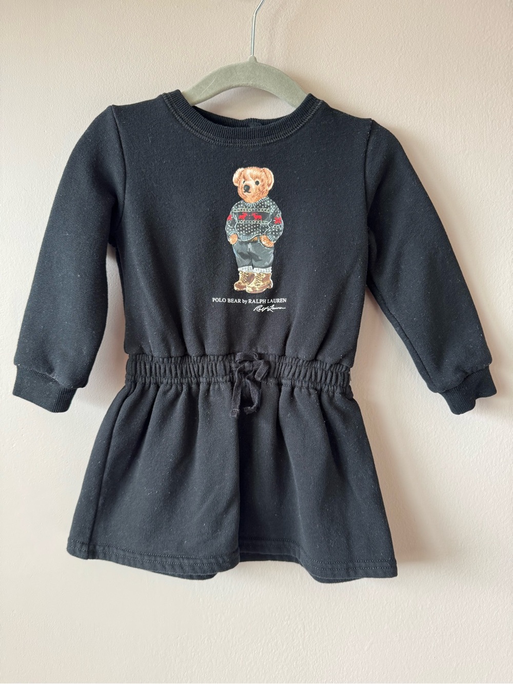 Polo Ralph Lauren Bear Girls Black Sweatshirt Synched Waist Dress Size 12 months